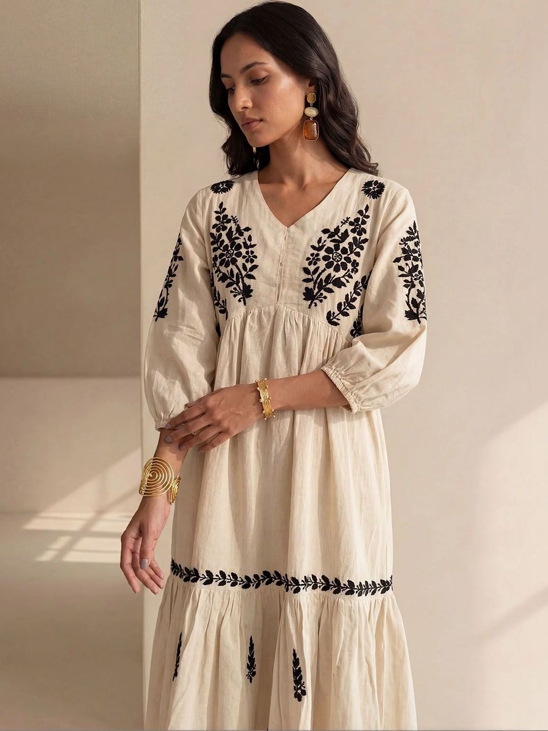 House of Chikankari Floral Embroidered A-Line Midi Dress