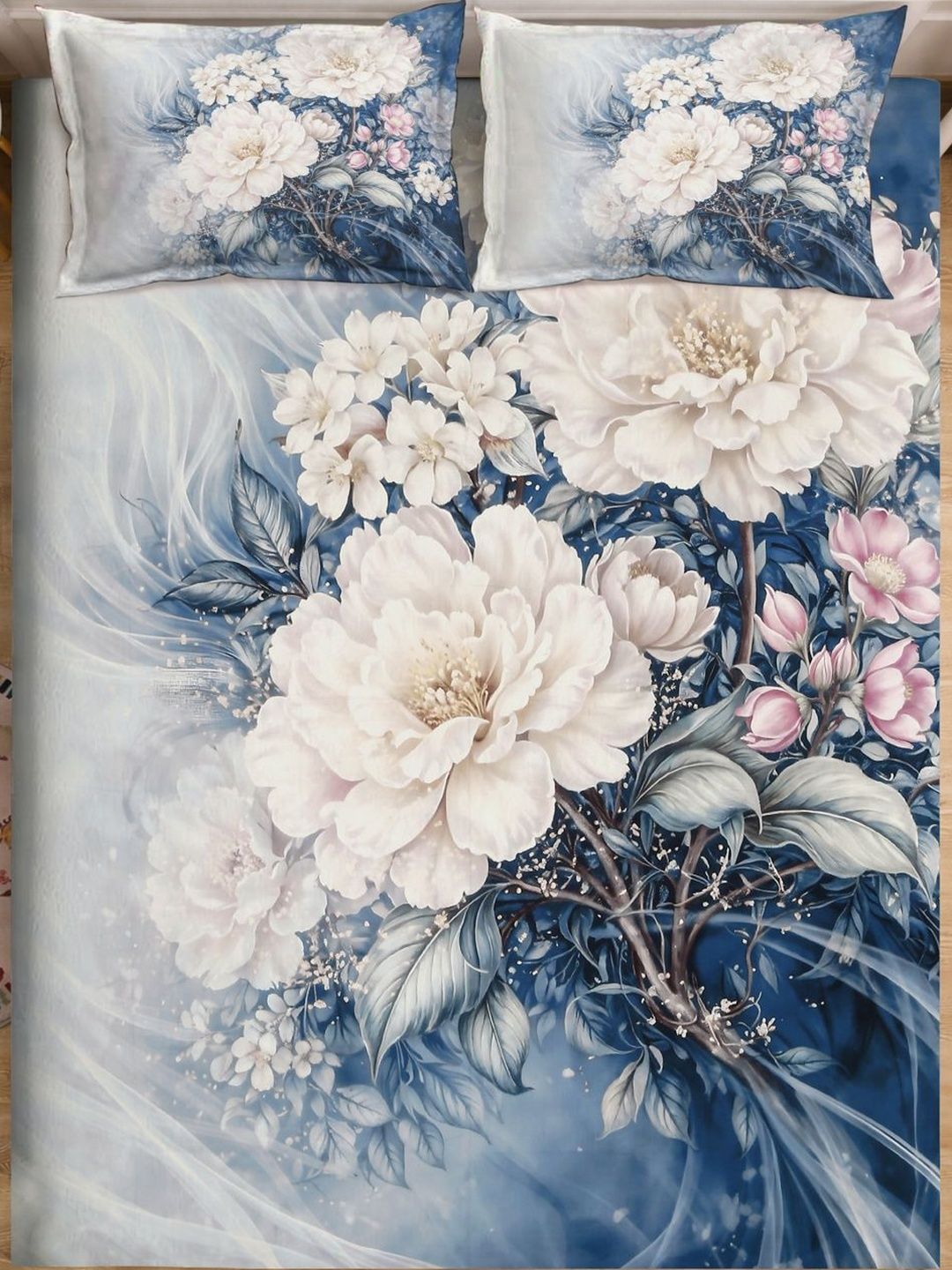 Myntra Elegant Homes Blue Floral 300 TC King Double 7D Cadar dengan 2 Sarung Bantal