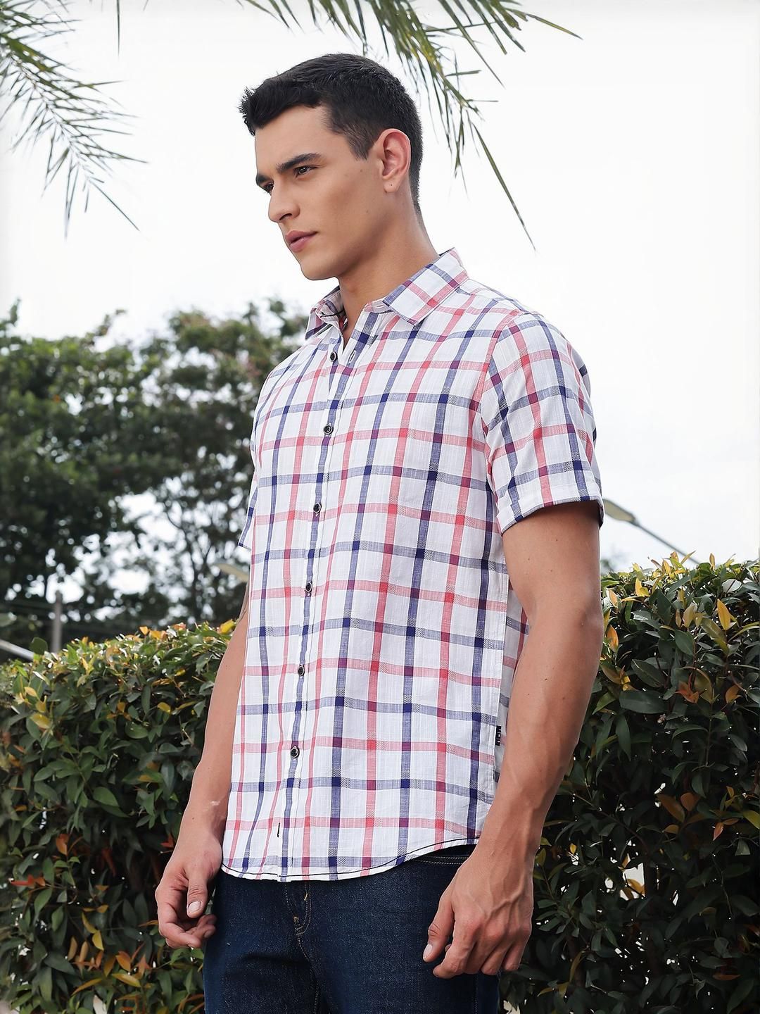 Thomas Scott Men Classic Slim Fit Windowpane Checks Checked Casual Shirt