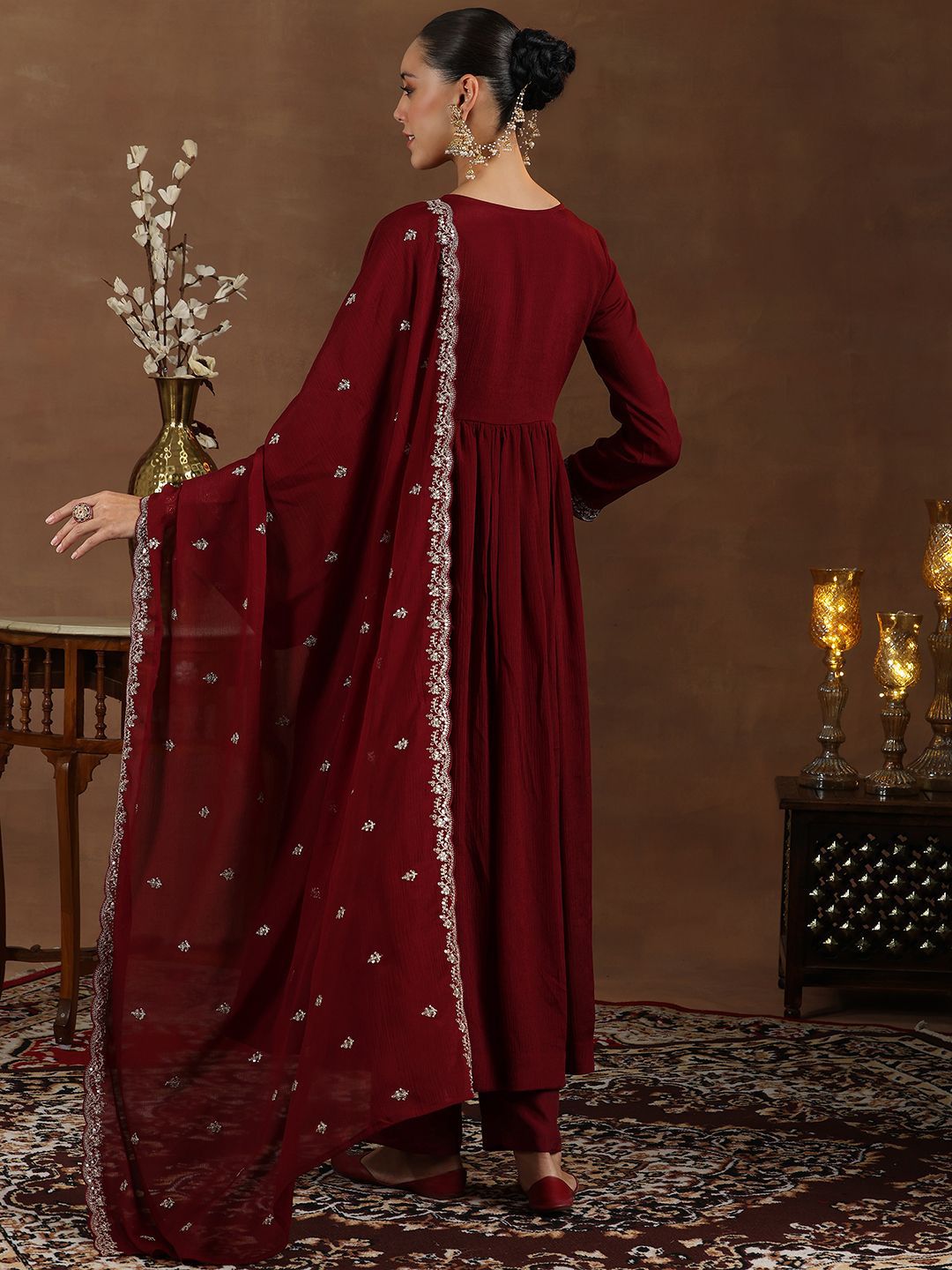 Libas Floral Yoke Design Zari Anarkali Kurta with Trousers & Dupatta