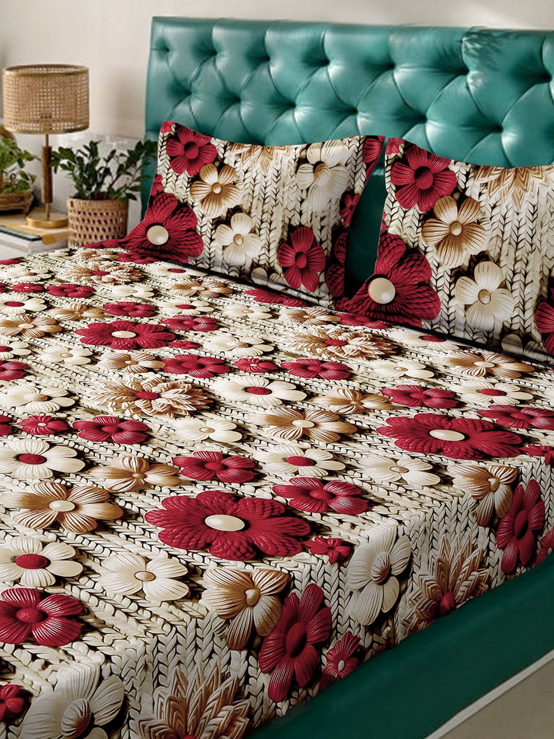 KLOTTHE Beige Floral Printed 300TC King 7D Bedsheet With 2 Pillow Covers-2.50mx2.25m