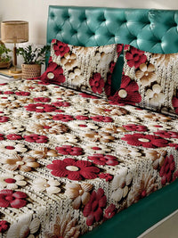 KLOTTHE Beige Floral Printed 300TC King 7D Bedsheet With 2 Pillow Covers-2.50mx2.25m