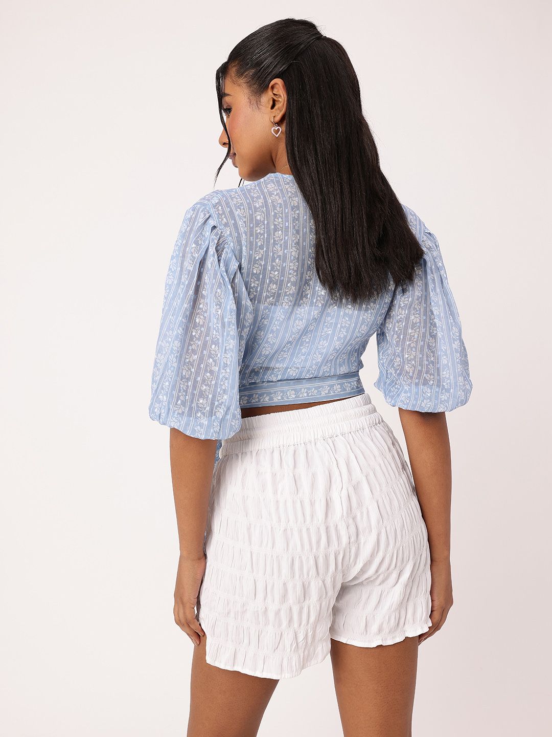 DressBerry Stylish Petal Strip Print Semi Sheer Crop Wrap Top With Inner Slip
