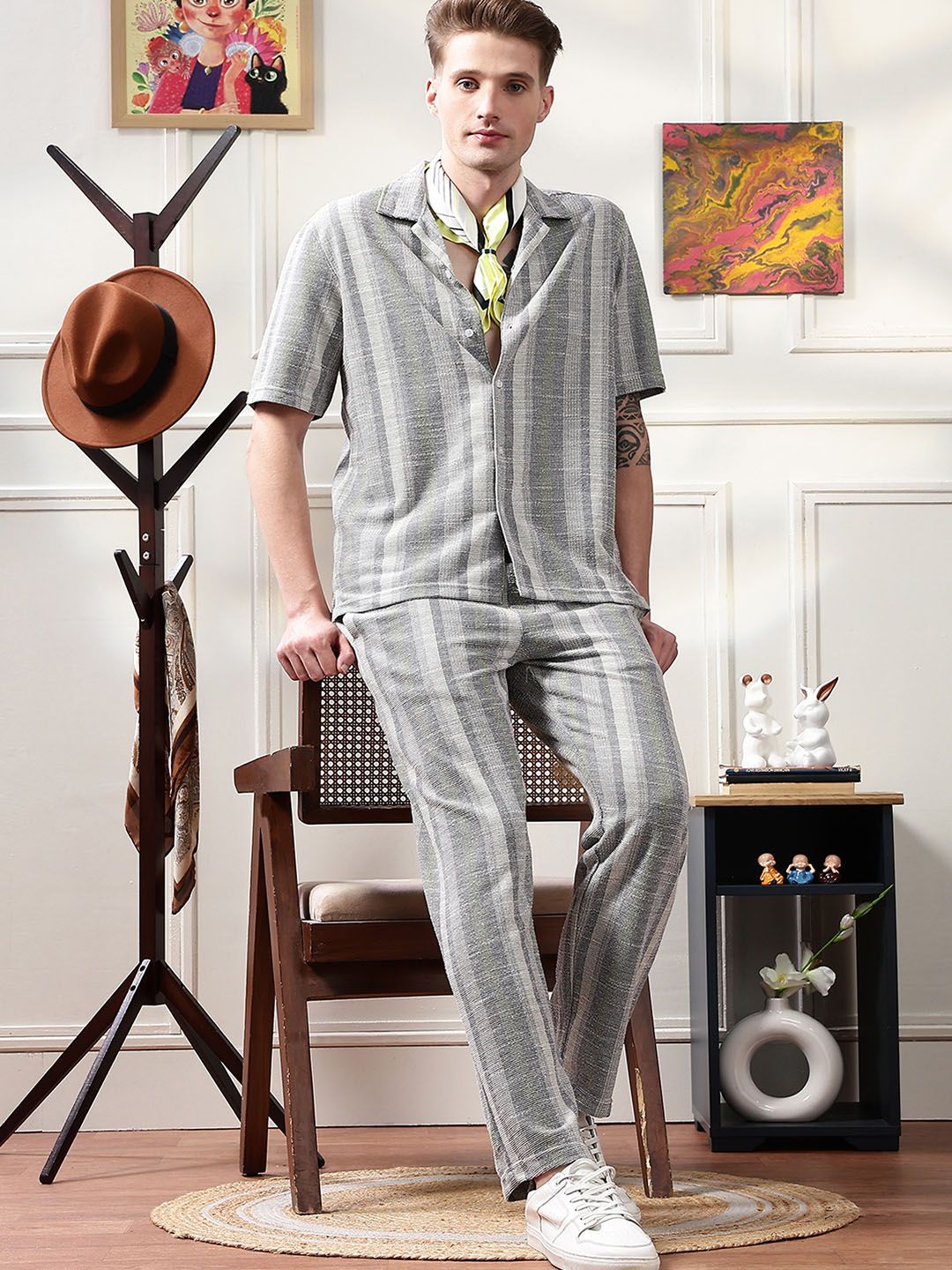 Eszett Striped Jacquard Spread Collar Pure Cotton Shirt With Trousers Co-Ord Set