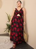 Berrylush Curve Women Floral Printed Plus Size ShoulderStraps V-neck Maxi Dress
