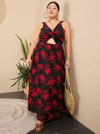 Berrylush Curve Women Floral Printed Plus Size ShoulderStraps V-neck Maxi Dress