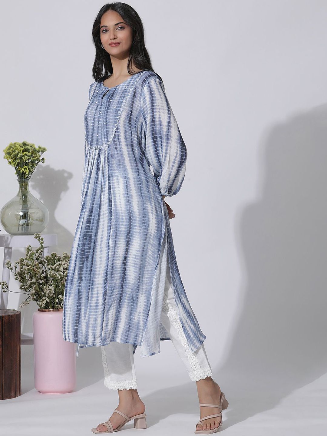 W Abstract Printed Keyhole Neck A-Line Kurta