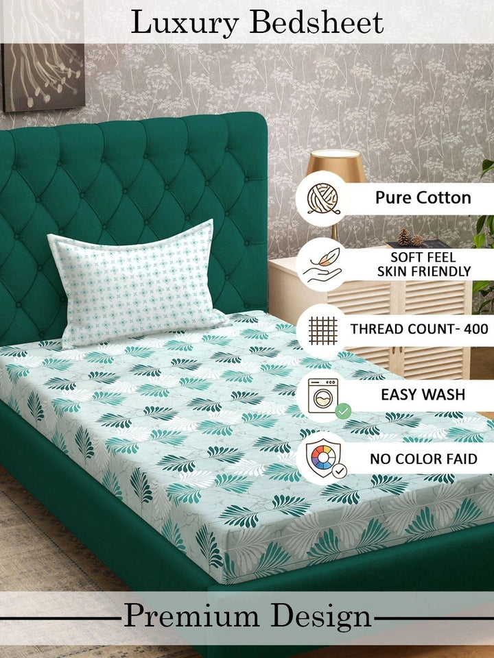 Myntra Elegant Homes Green Floral 400 TC Cadar Tempat Tidur Single dengan 1 Sarung Bantal