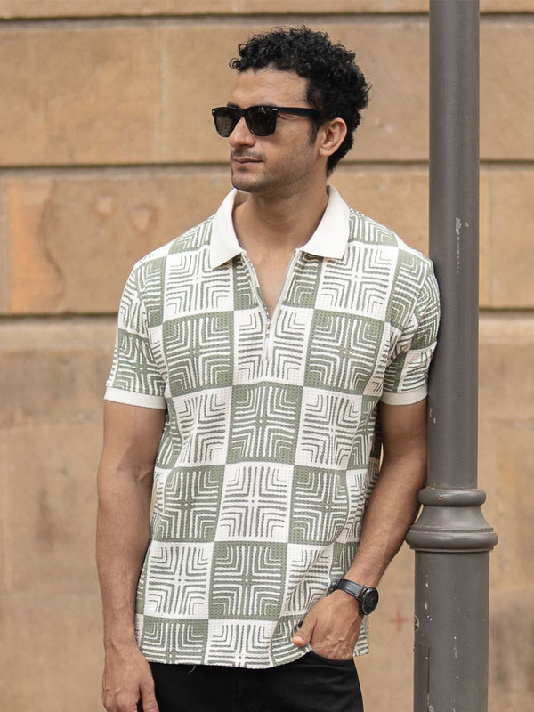 Powerlook SS25 Geometric Printed Polo Collar T-shirt Kapas Tulen