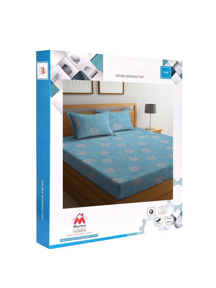 Myntra Elegant Homes Turquoise Blue Floral Pure Cotton 400 TC King Superfine Bedsheet dengan 2 Sarung Bantal-98 x 87 inci