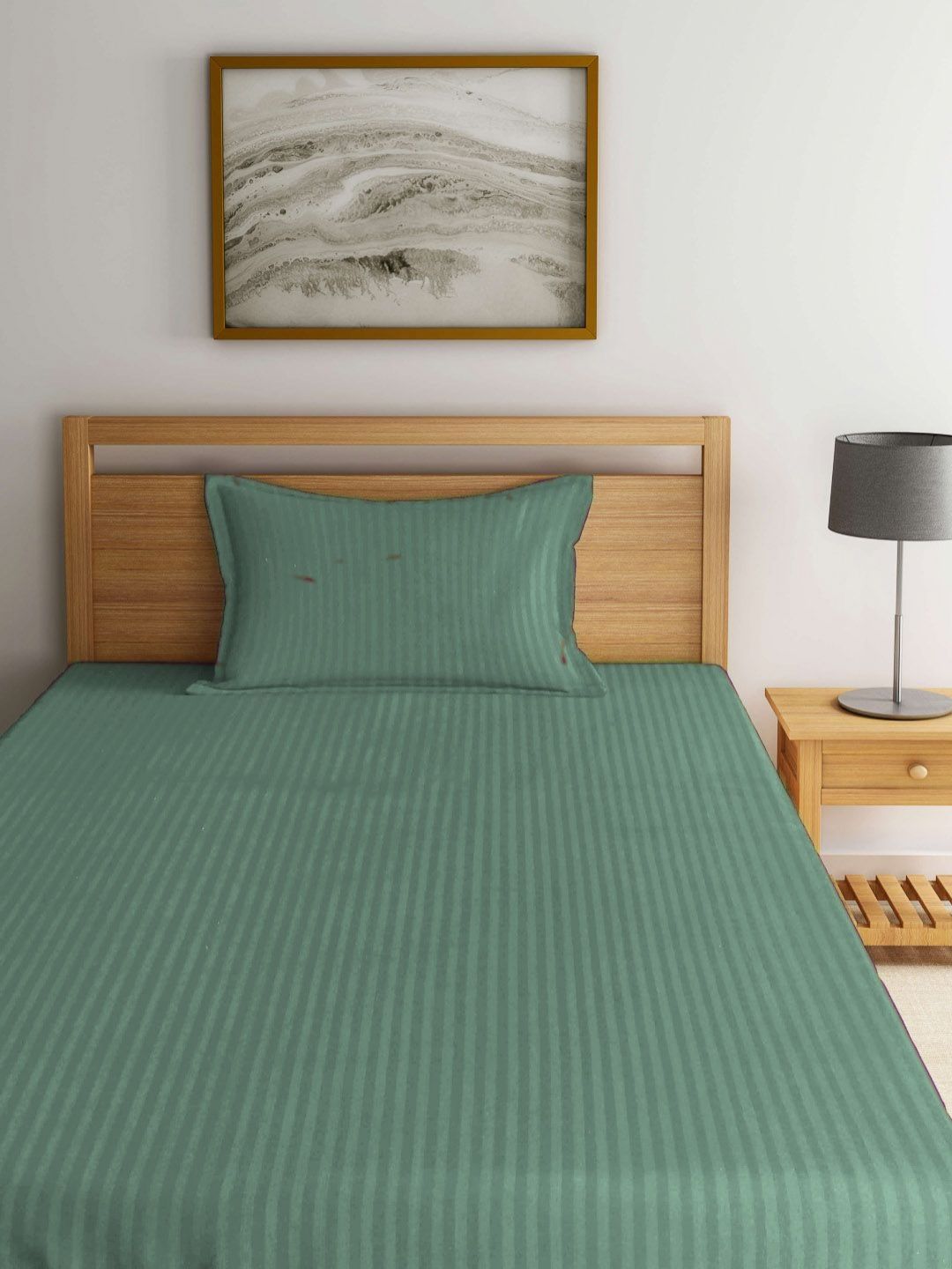 Myntra Elegant Homes Kapas Berjalur Hijau 300 TC Cadar Halus Tunggal dengan Sarung Bantal-89 x 59 inci