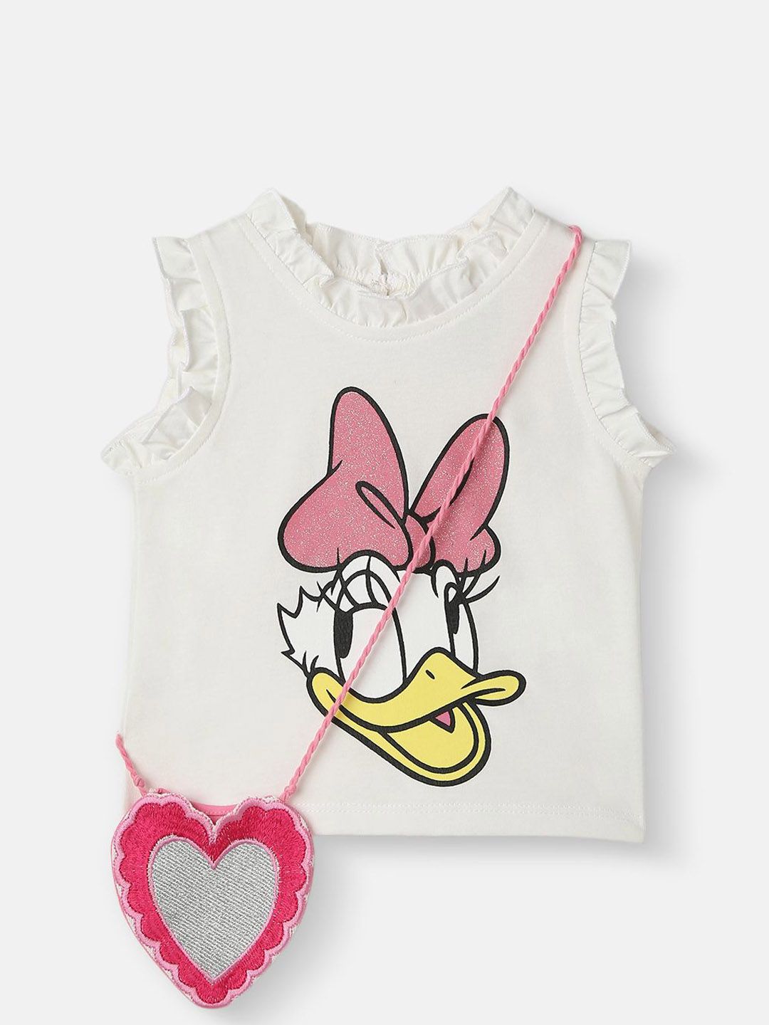 Nautinati Girls Cotton Disney Glitter Print Set Of Top & Skirt With Sling Bag
