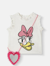 Nautinati Girls Cotton Disney Glitter Print Set Of Top & Skirt With Sling Bag