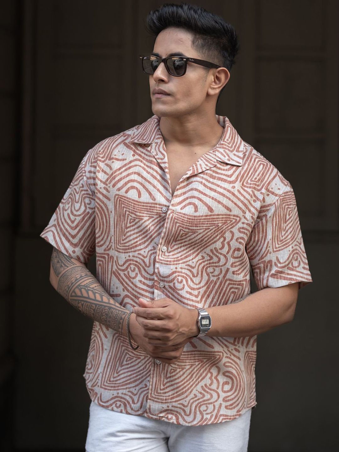 Powerlook Men Cuban Collar Abstract Printed Oversized Casual Shirt