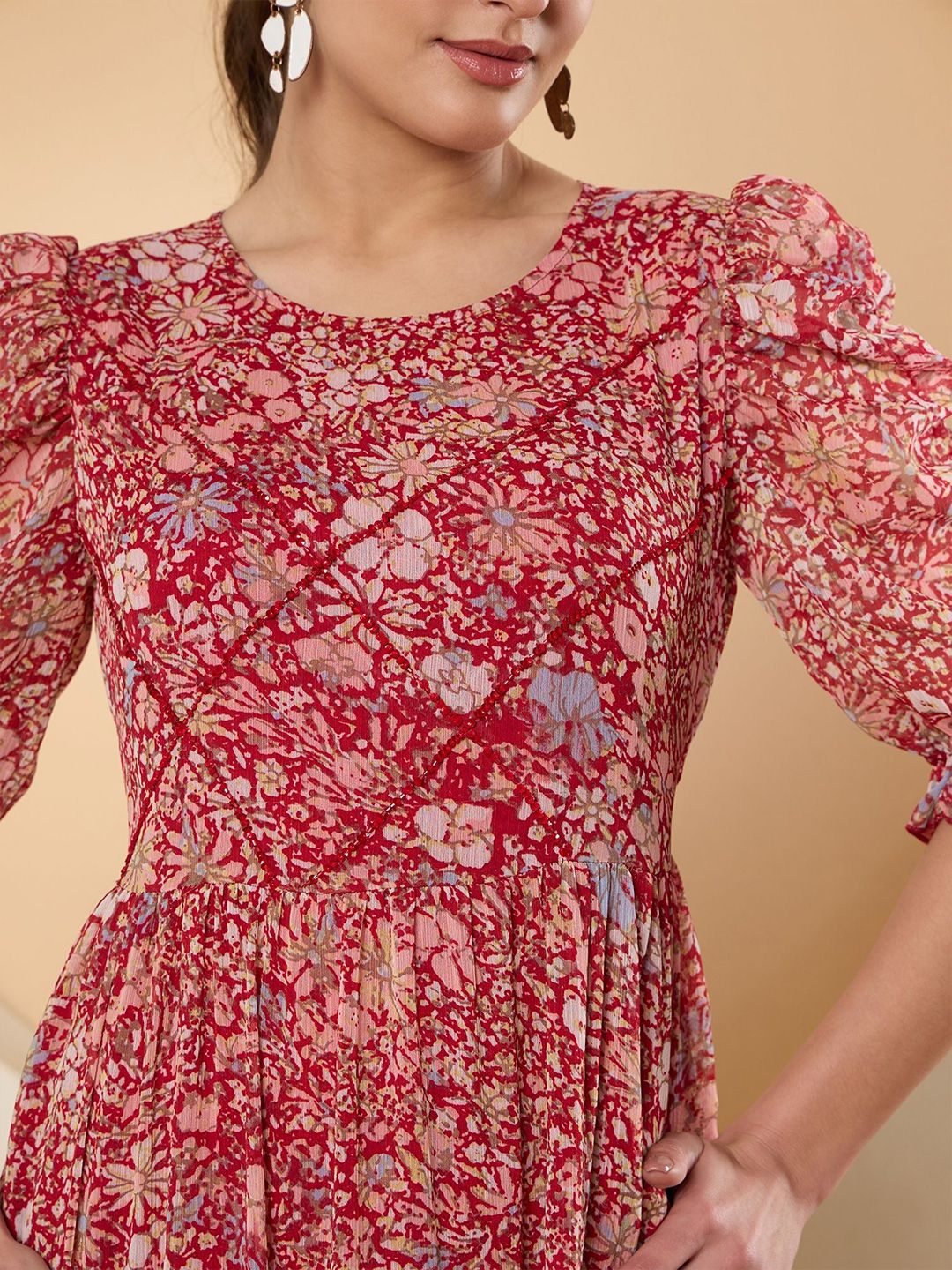Antheaa Floral Print Puff Sleeve Chiffon Fit & Flare Embellished Maxi Dress