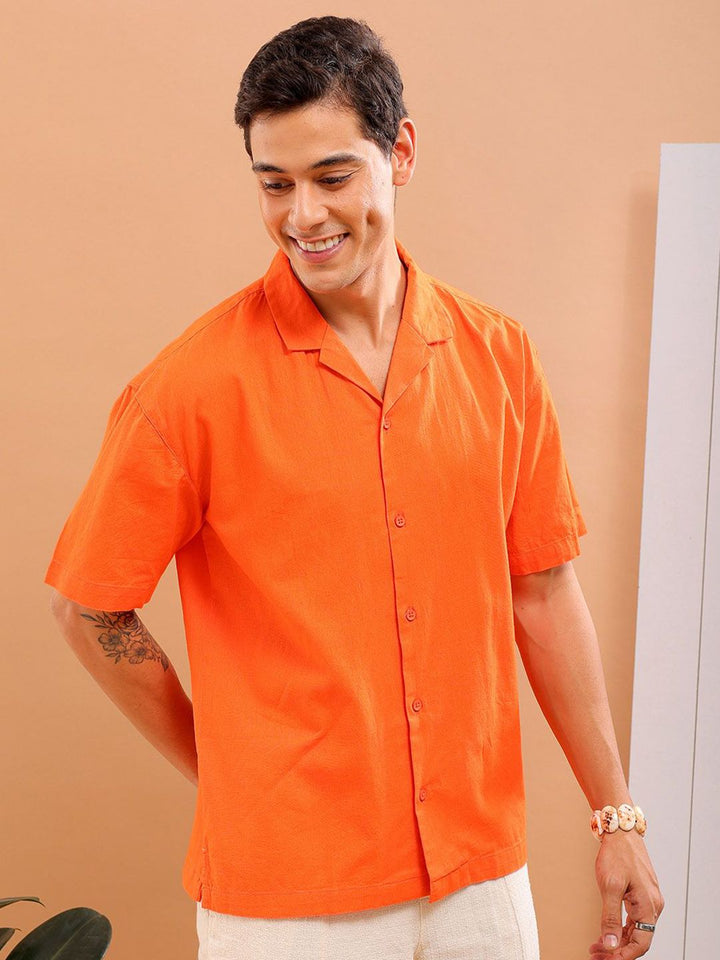 The Indian Garage Co Men Cuban Collar Relaxed Fit Pure Cotton Resortwear Shirt