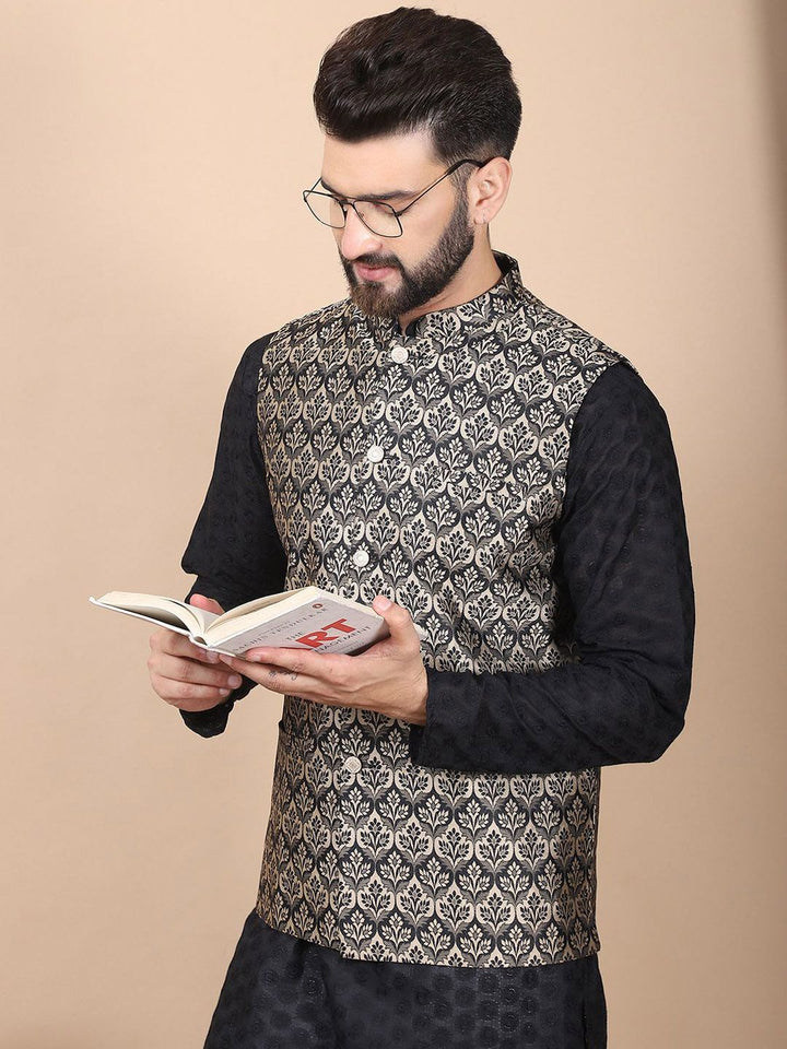 Anouk Black Floral Embroidered Thread Work Pure Cotton Kurta with Churidar & Nehru Jacket