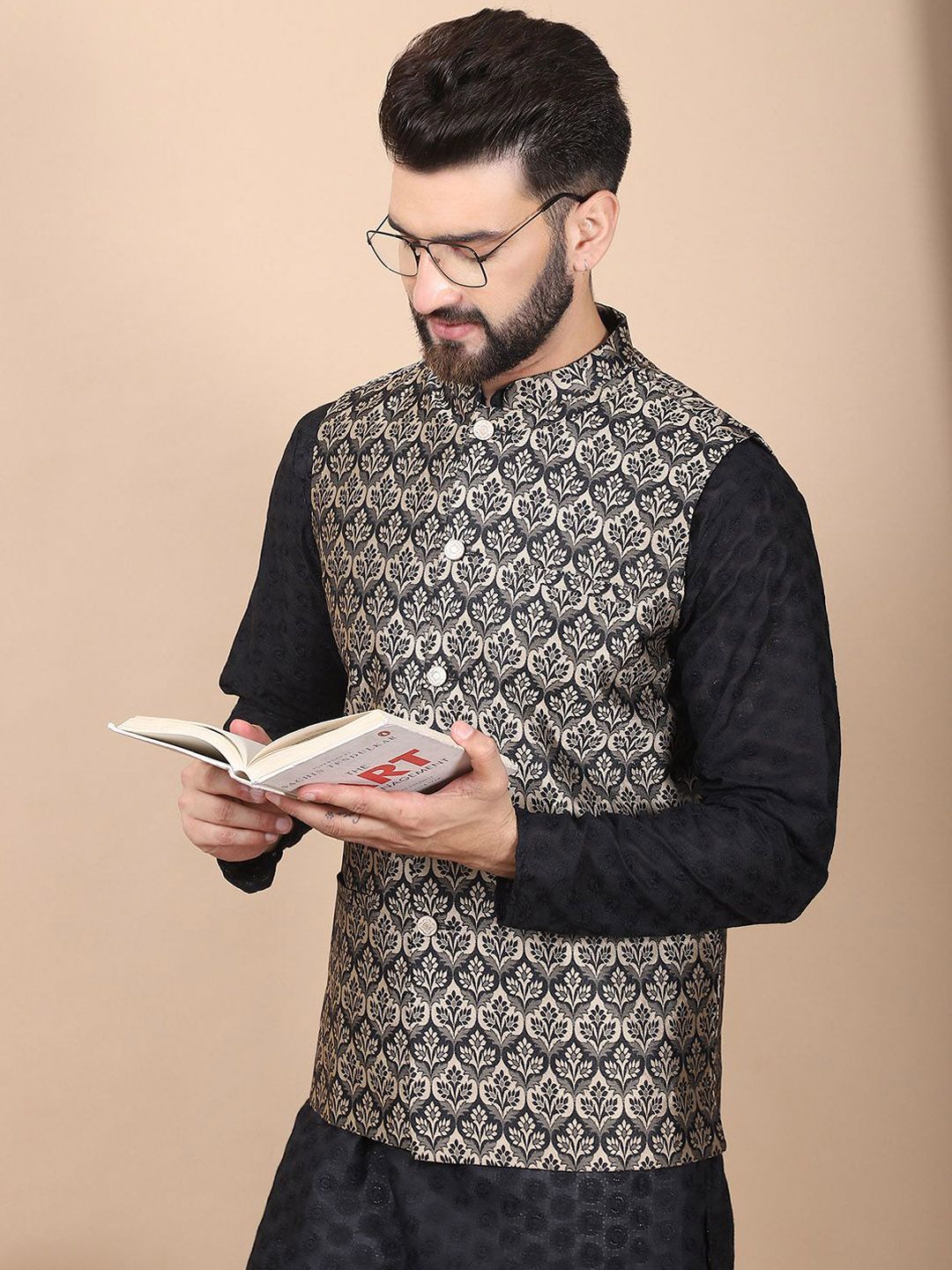 Anouk Black Floral Embroidered Thread Work Pure Cotton Kurta with Churidar & Nehru Jacket