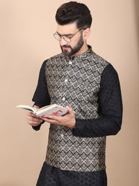 Anouk Black Floral Embroidered Thread Work Pure Cotton Kurta with Churidar & Nehru Jacket