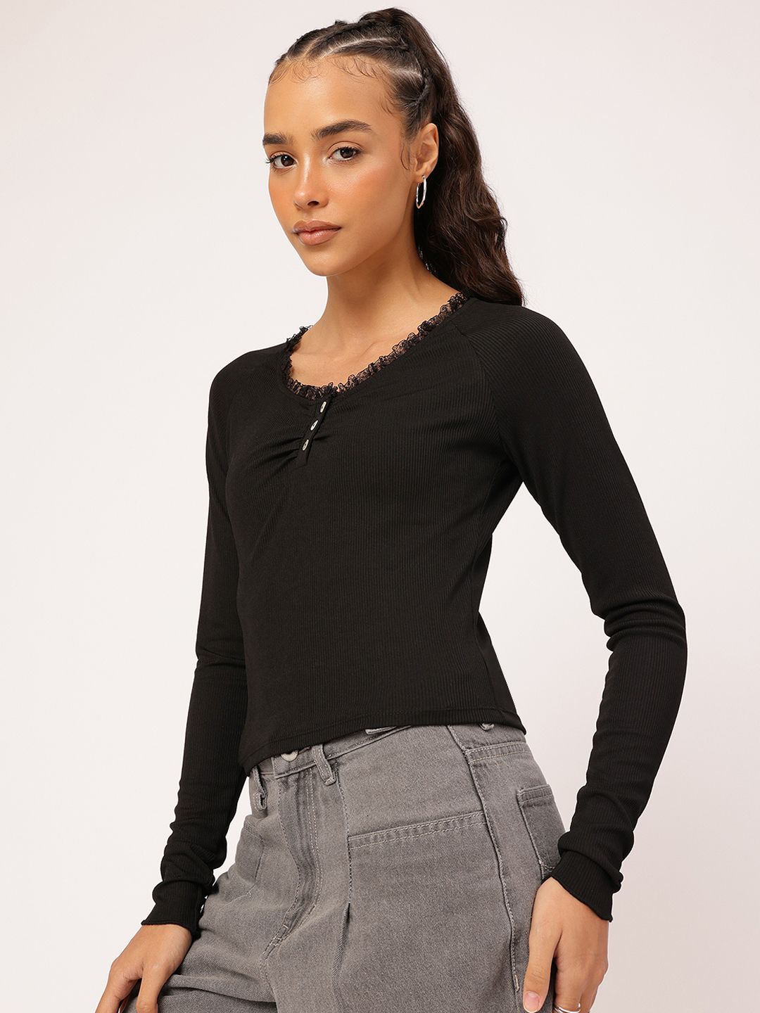 DressBerry Lace Gather Detailed Fitted Top