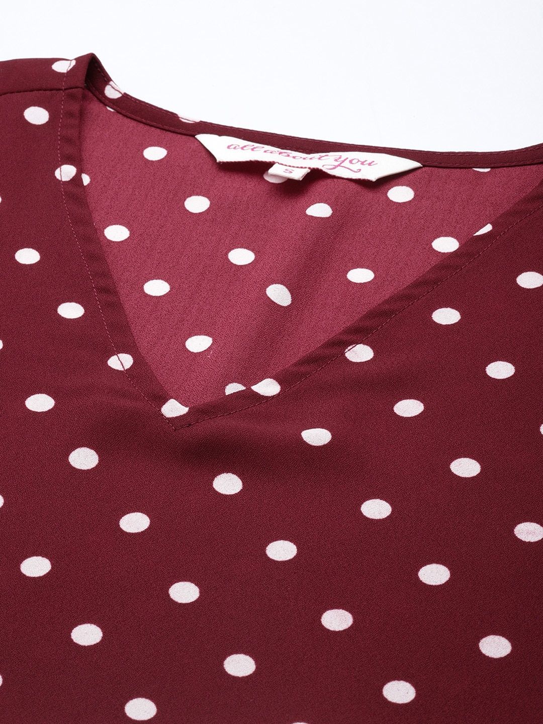 all about you Women Maroon & White A-Line Polka Dot Printed A-Line Dress With A Belt