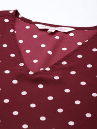 all about you Women Maroon & White A-Line Polka Dot Printed A-Line Dress With A Belt