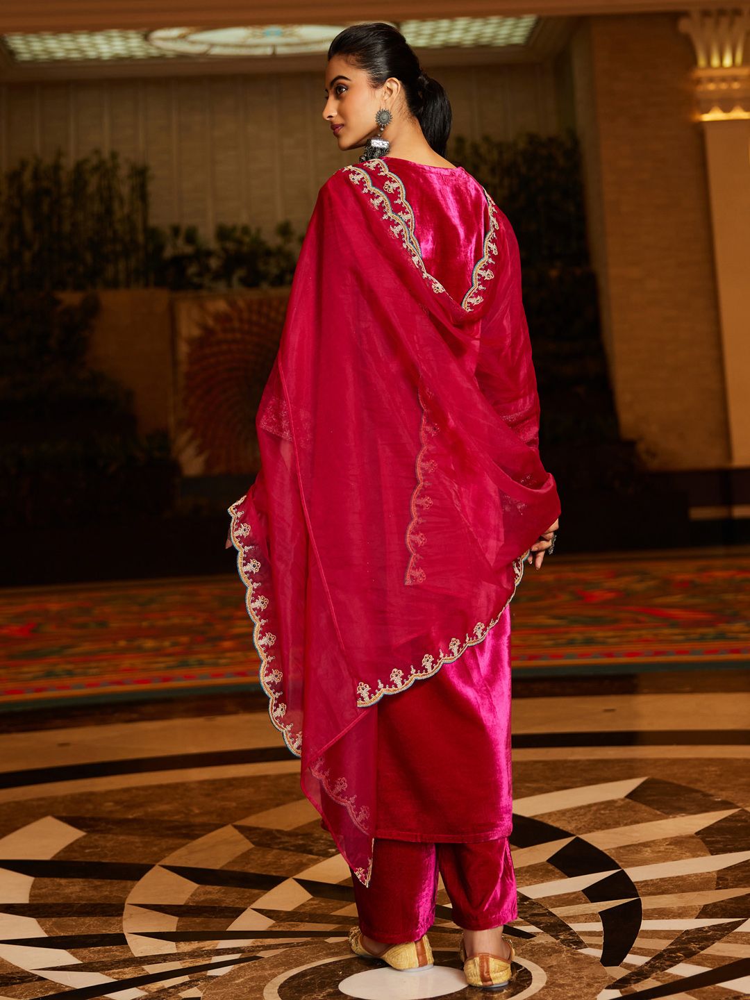 Indo Era Women Ethnic Motifs Embroidered Regular Velvet Kurta with Trousers & With Dupatta