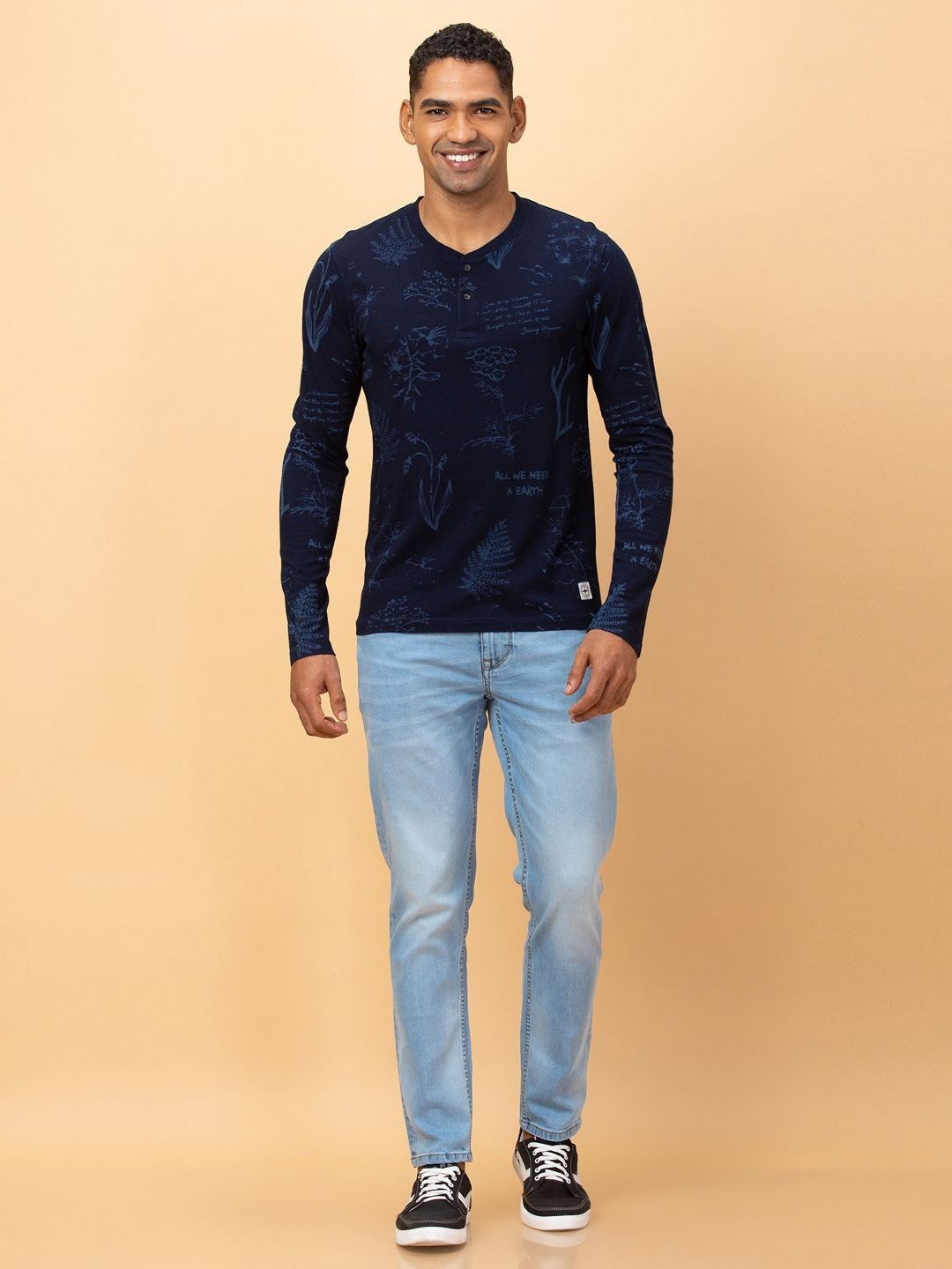 Being Human Pure Cotton Printed Henley Neck Raw Edge T-shirt