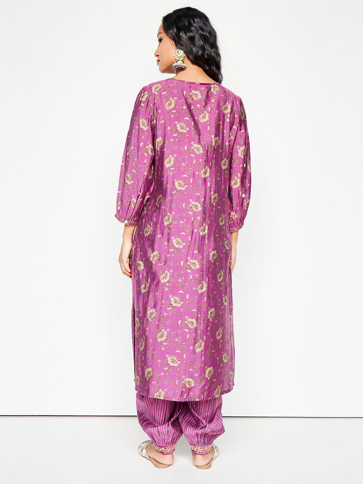 Global Desi Floral Printed V-Neck Thread Work Kurta With Salwar