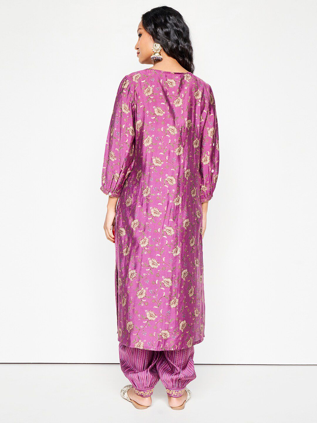 Global Desi Floral Printed V-Neck Thread Work Kurta With Salwar