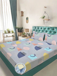 Myntra Elegant Homes Grey & Green Geometric 300 TC King Bedsheet with 2 Pillow Covers