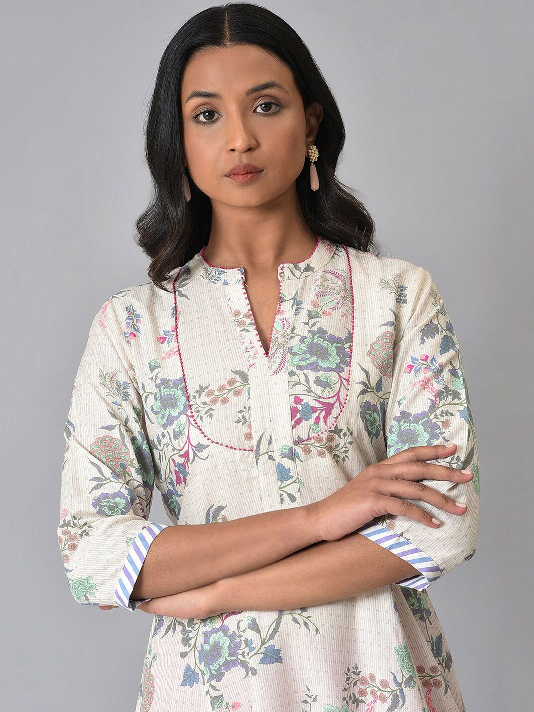 W Floral Printed Band Collar Anarkali Kurta