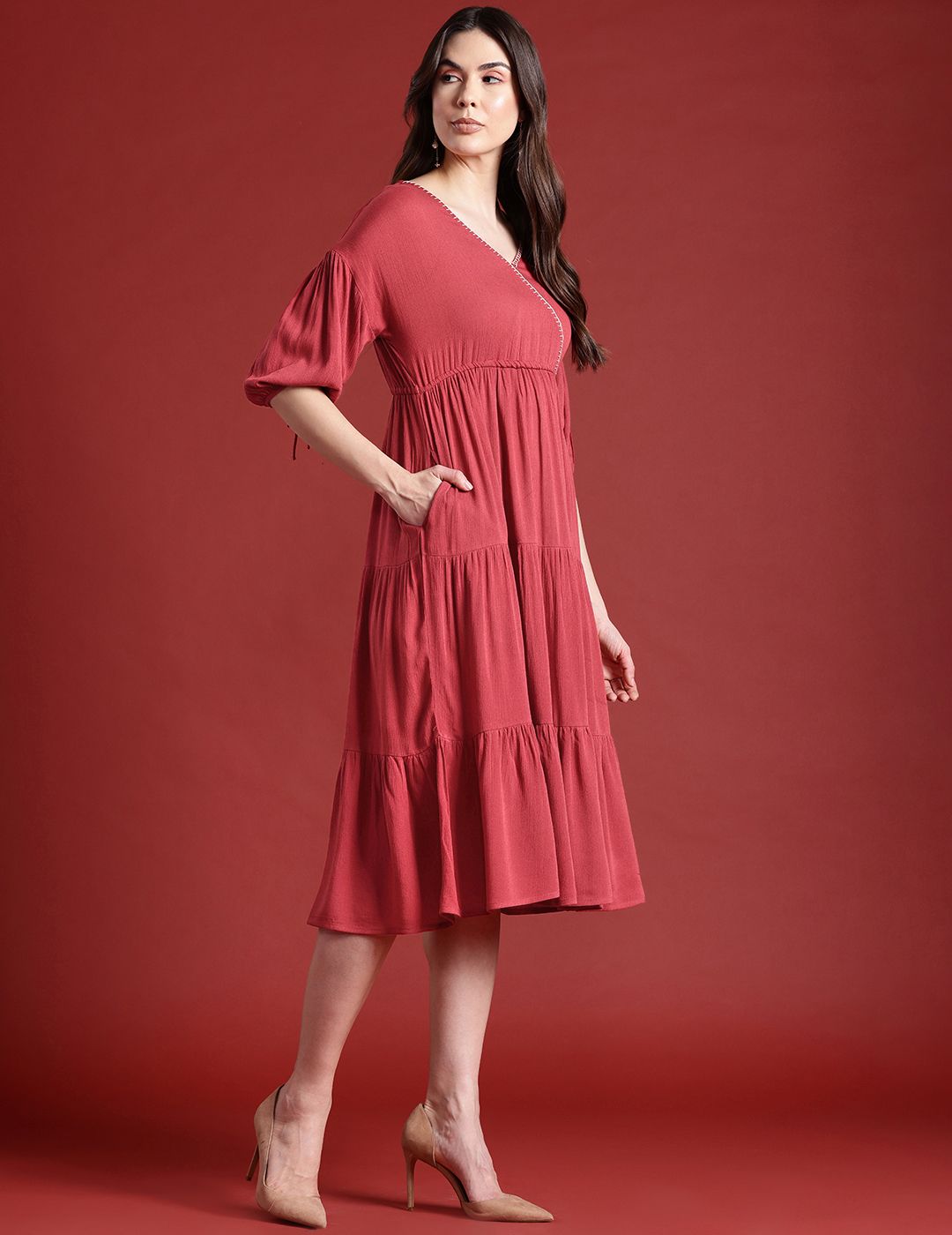 all about you Puff Sleeves Tiered Midi Wrap Style Dress