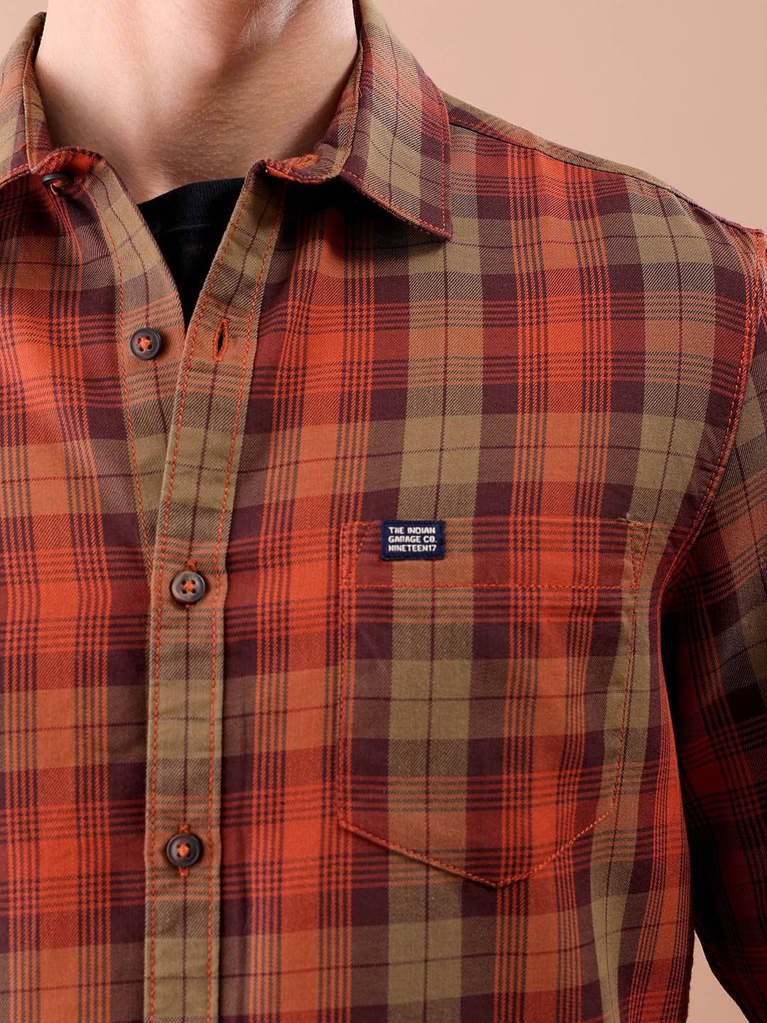 The Indian Garage Co Tartan Checked Pure Cotton Casual T-Shirt