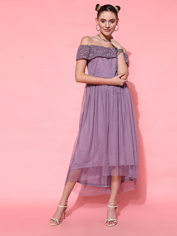Jalan 9 Wanita Lavender Pakaian Midi Pepejal