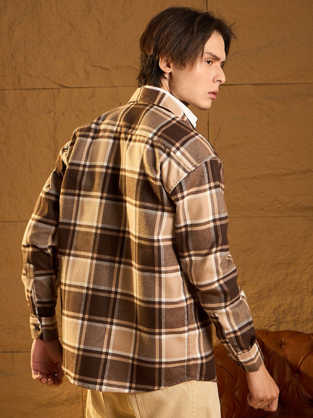 DENNISON Men Double Pocket Drop Shoulder Oversized Cotton Checked Shacket