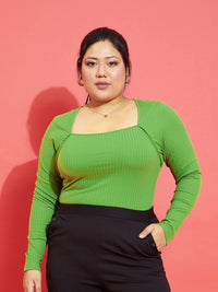 SASSAFRAS Curve Plus Size Ribbed Square Neck Fitted Top