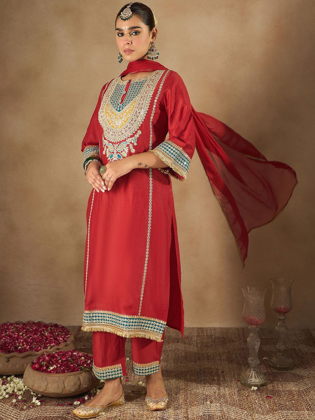 Indo Era Women Ethnic Motifs Embroidered Regular Kurta with Trousers & With Dupatta