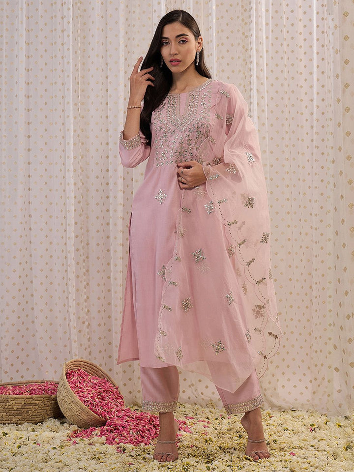 Indo Era Pink Ethnic Motifs Embroidered Gotta Patti Kurta with Trousers & Dupatta