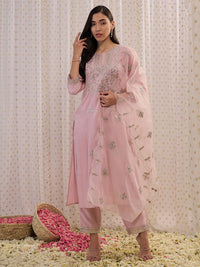 Indo Era Pink Ethnic Motifs Embroidered Gotta Patti Kurta with Trousers & Dupatta