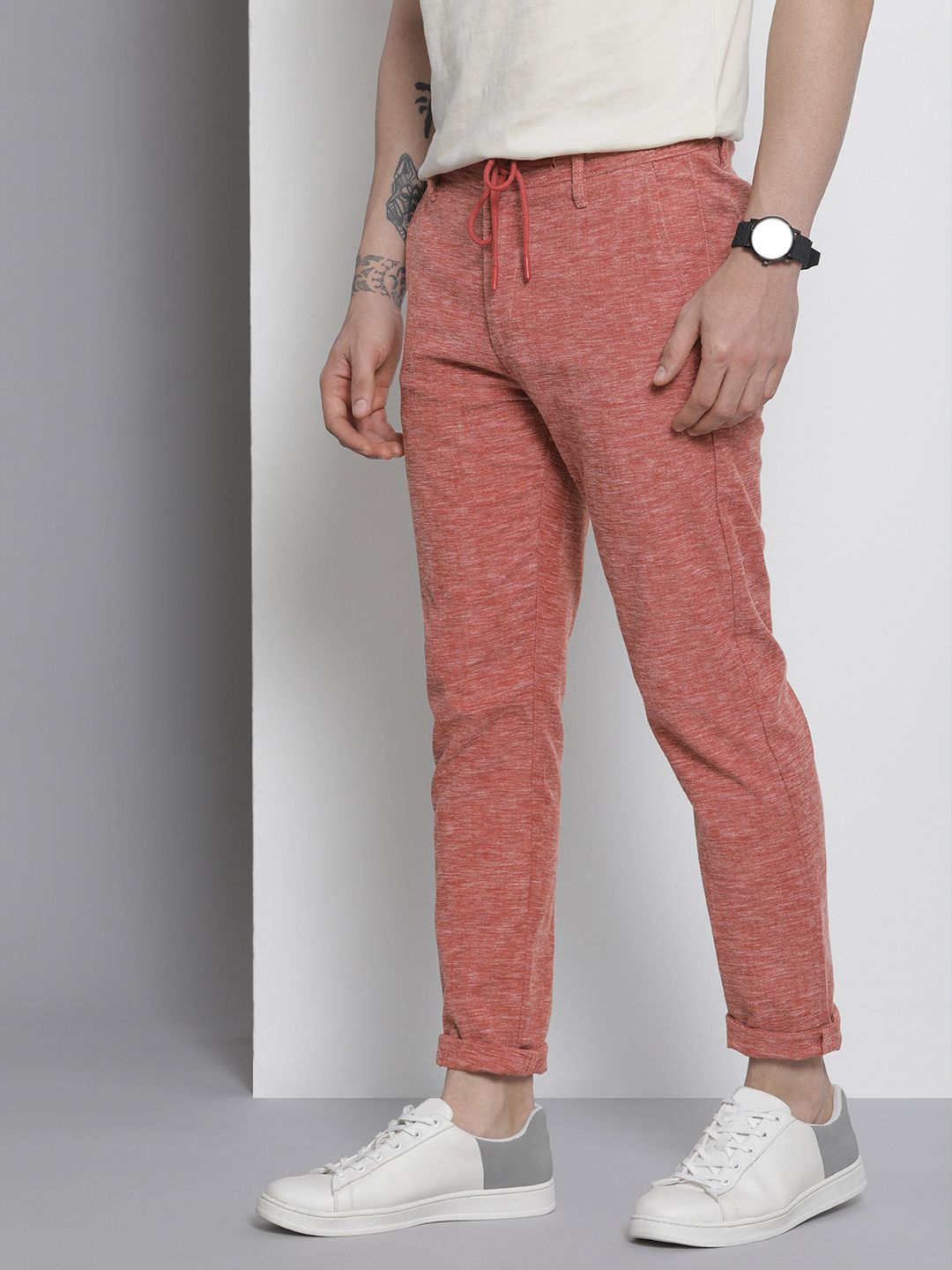 The Indian Garage Co Men Rust Red Melange Effect Slim Fit Trousers