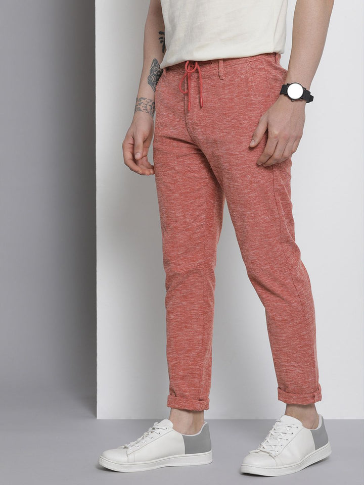 The Indian Garage Co Men Rust Red Melange Effect Slim Fit Trousers