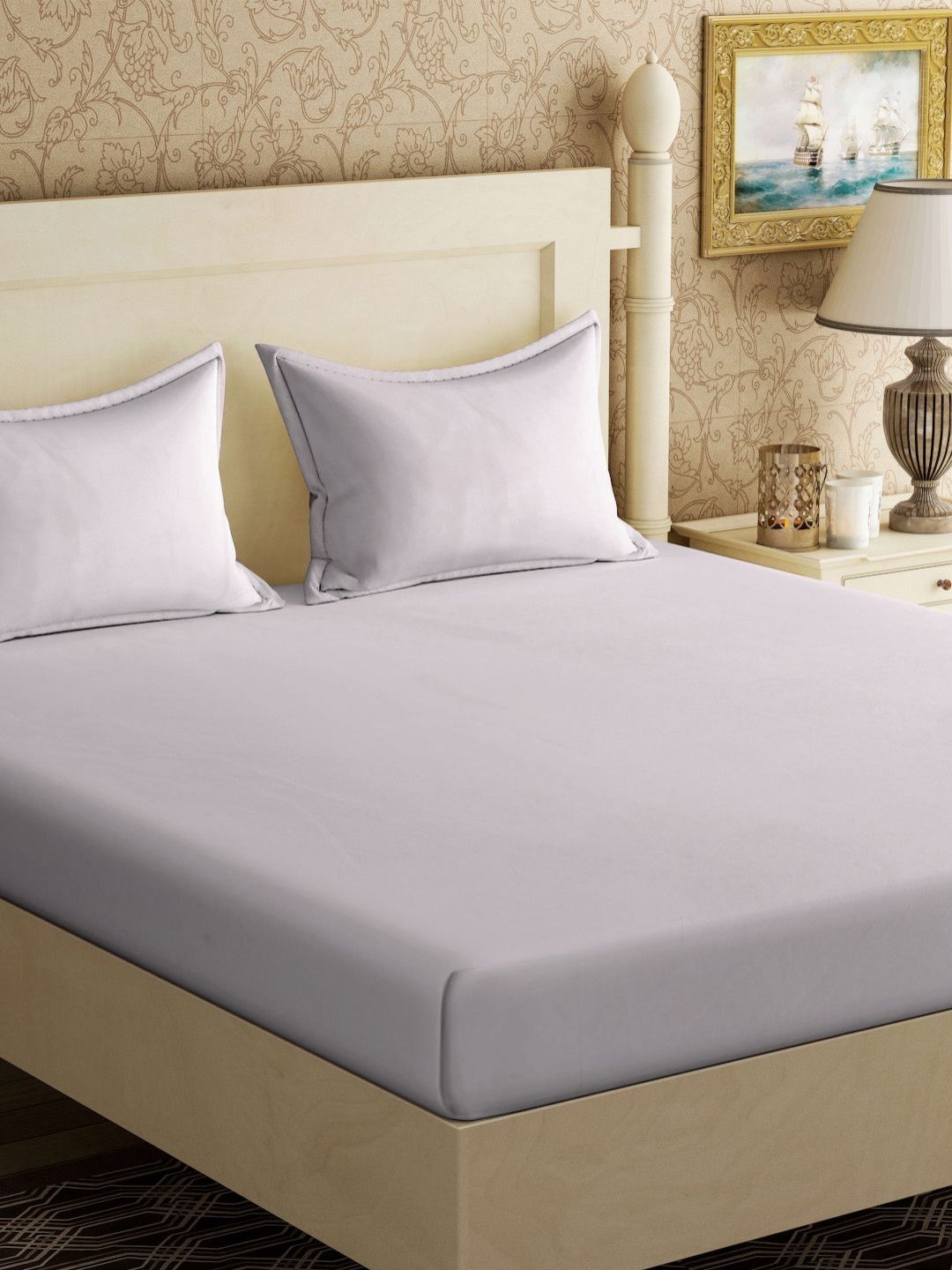 KLOTTHE Beige Polycotton 300 TC King Bedsheet with 2 Pillow Covers-98 x 89 inches
