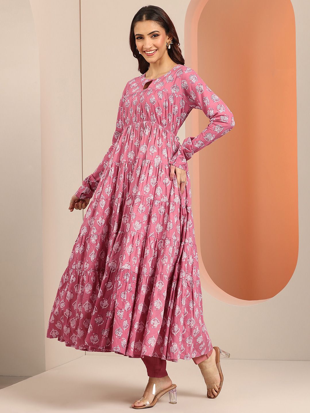 Libas Womens Mauve Printed Cotton Anarkali Kurta With Churidar & Dupatta