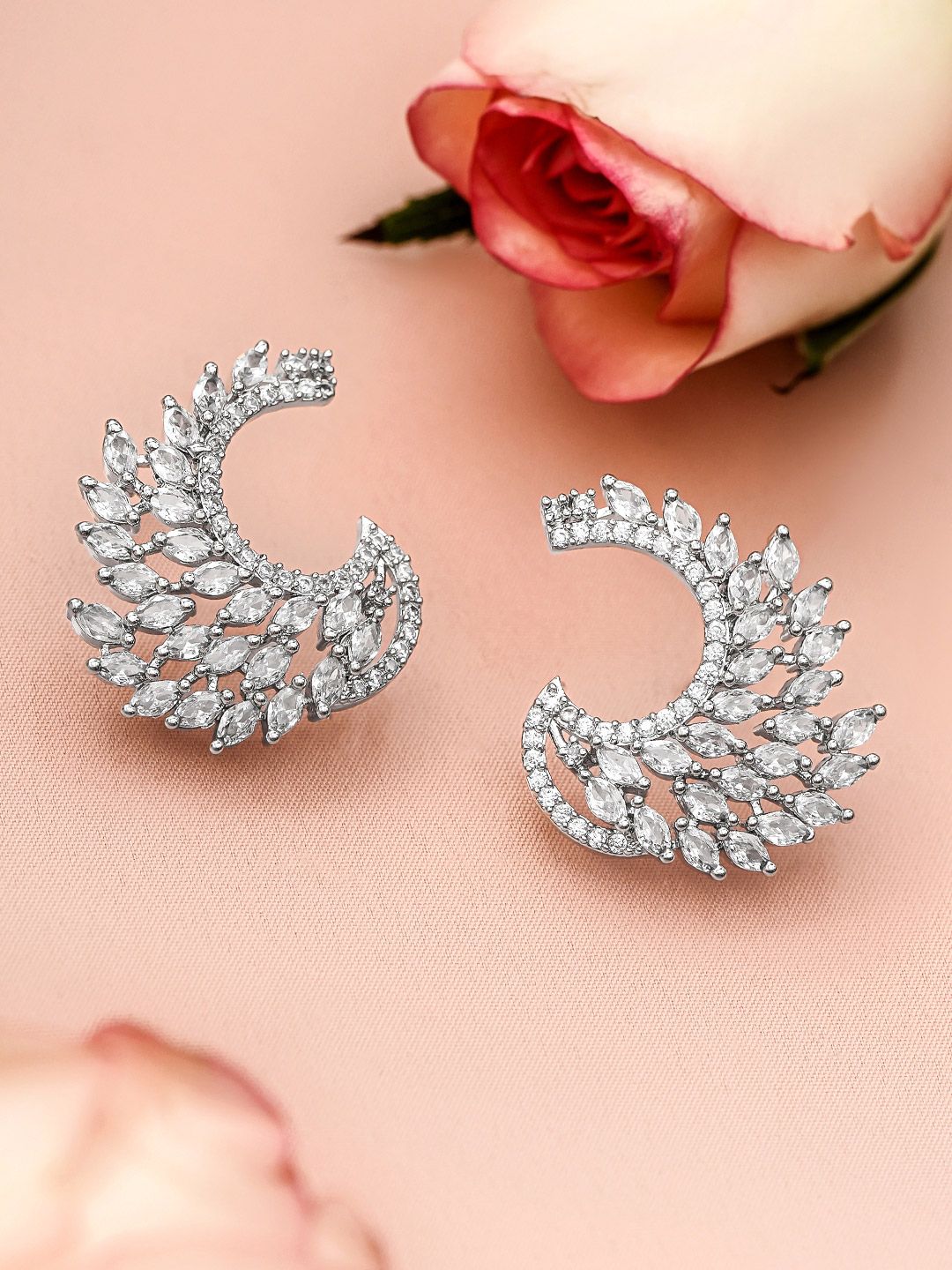 Rubans Silver-Toned & White Handcrafted Feather Shaped Drop Earrings