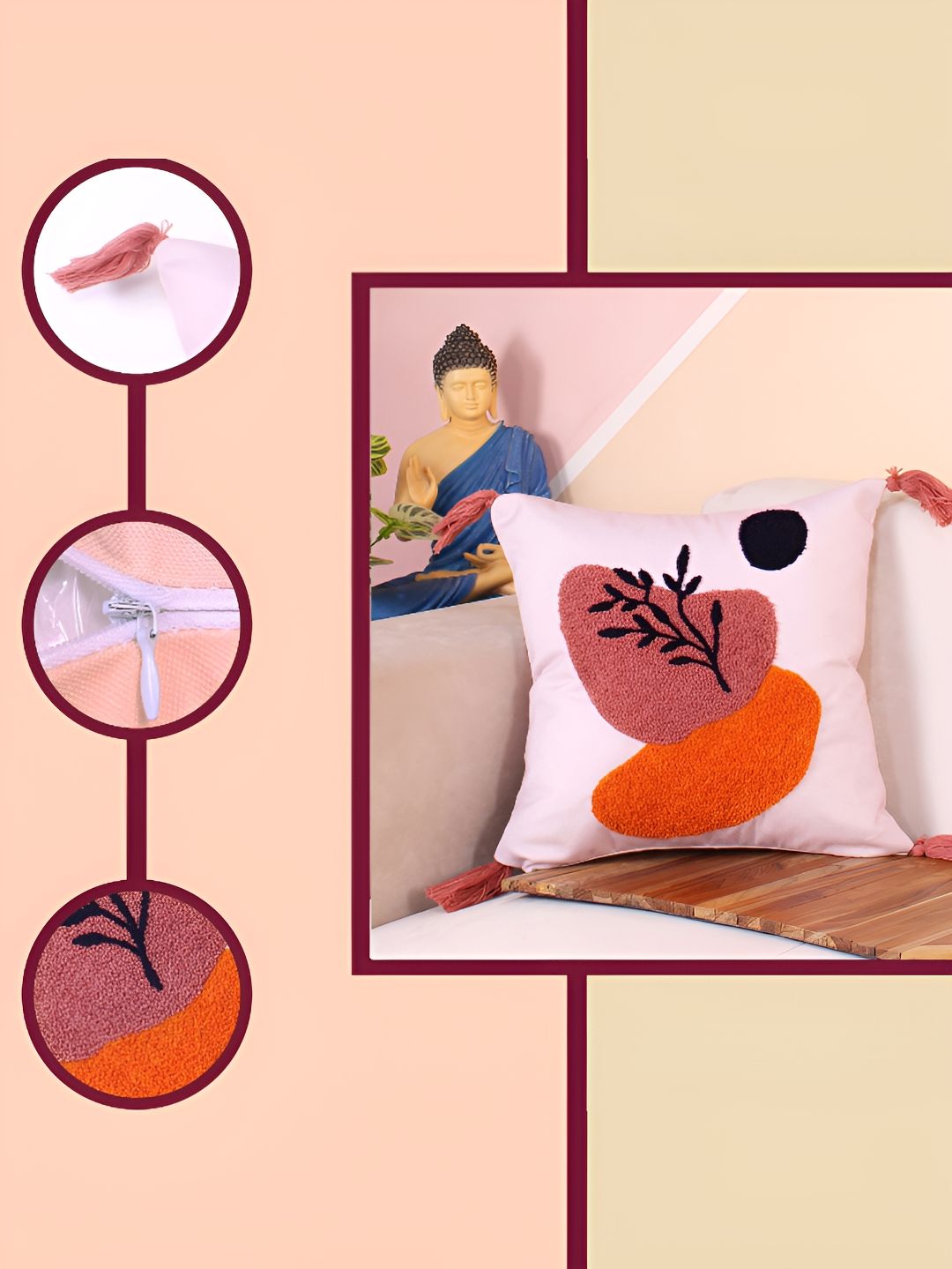 STITCHNEST Orange & Pink Embroidered Square Cushion Cover
