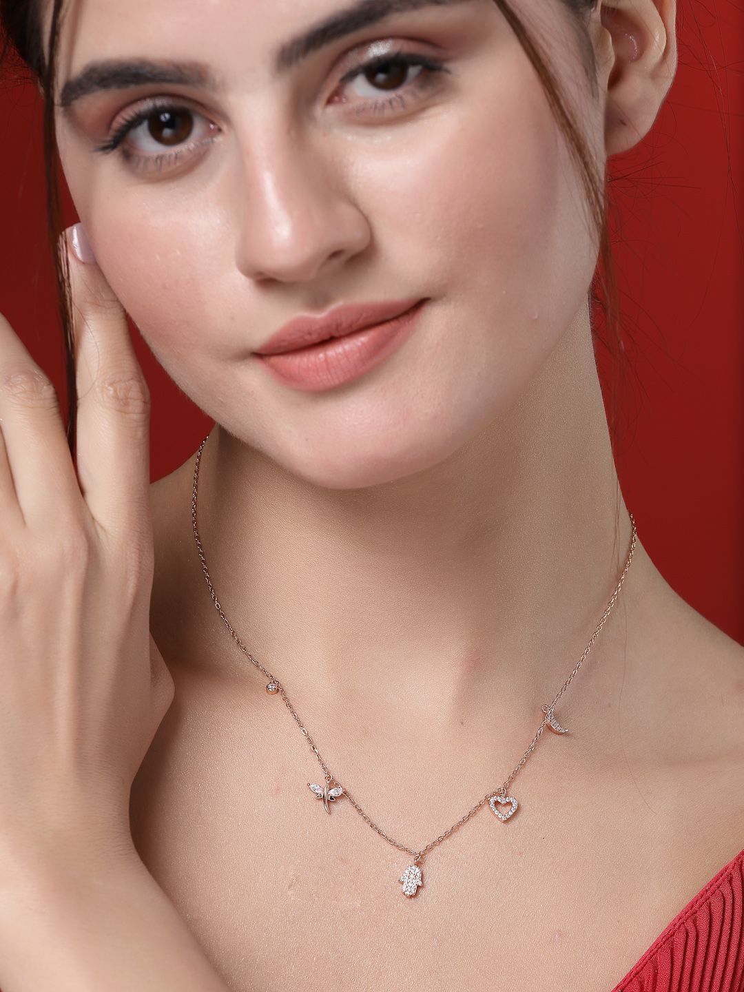 PANASH 925 Sterling Silver Rose Gold-Plated CZ-Studded 5 Charms Necklace