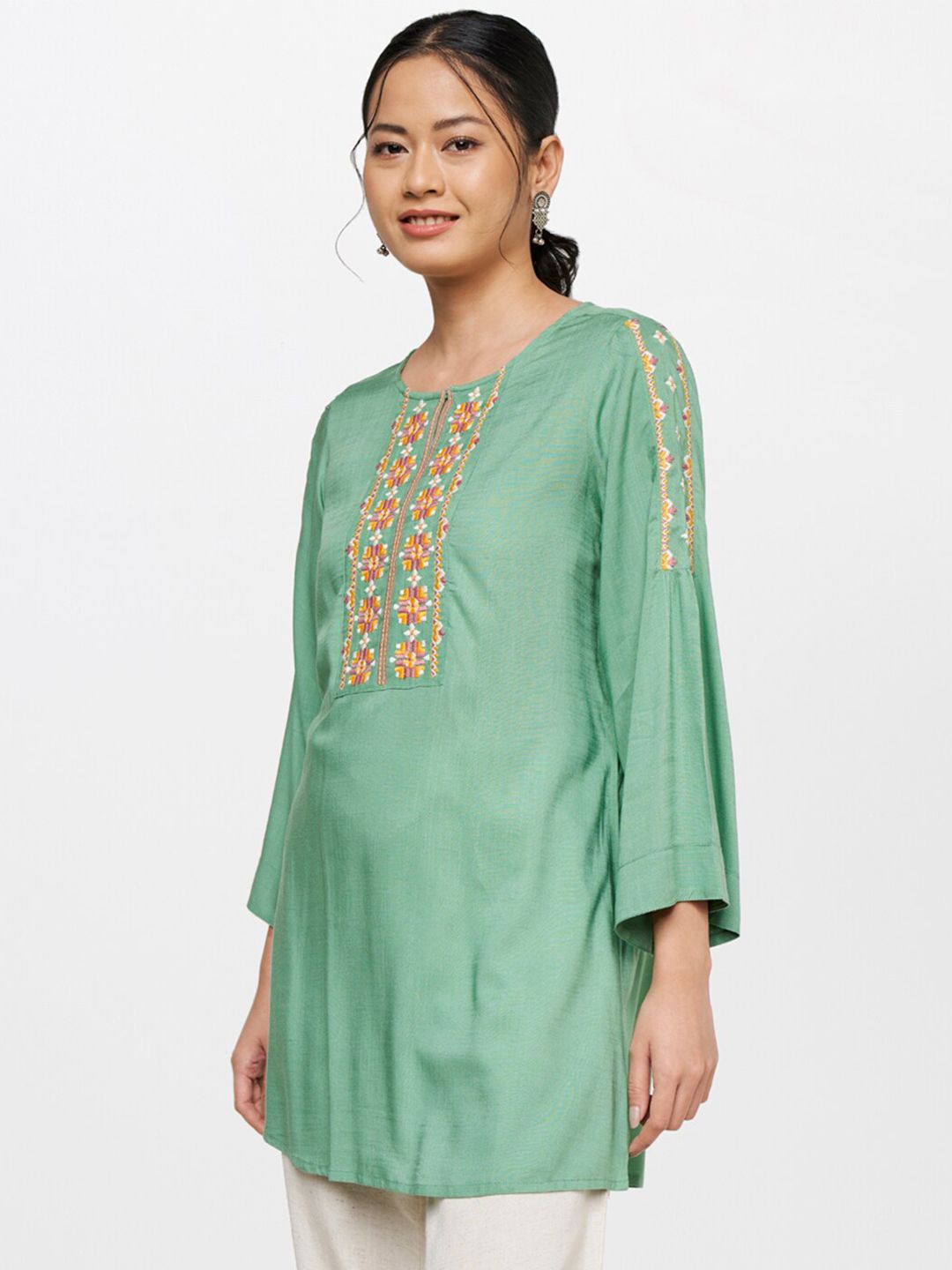 Global Desi Green & Yellow Embroidered Tunic
