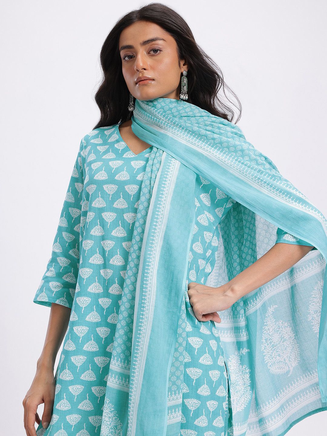 Anouk Printed Pure Cotton Kurta with Trousers & Dupatta