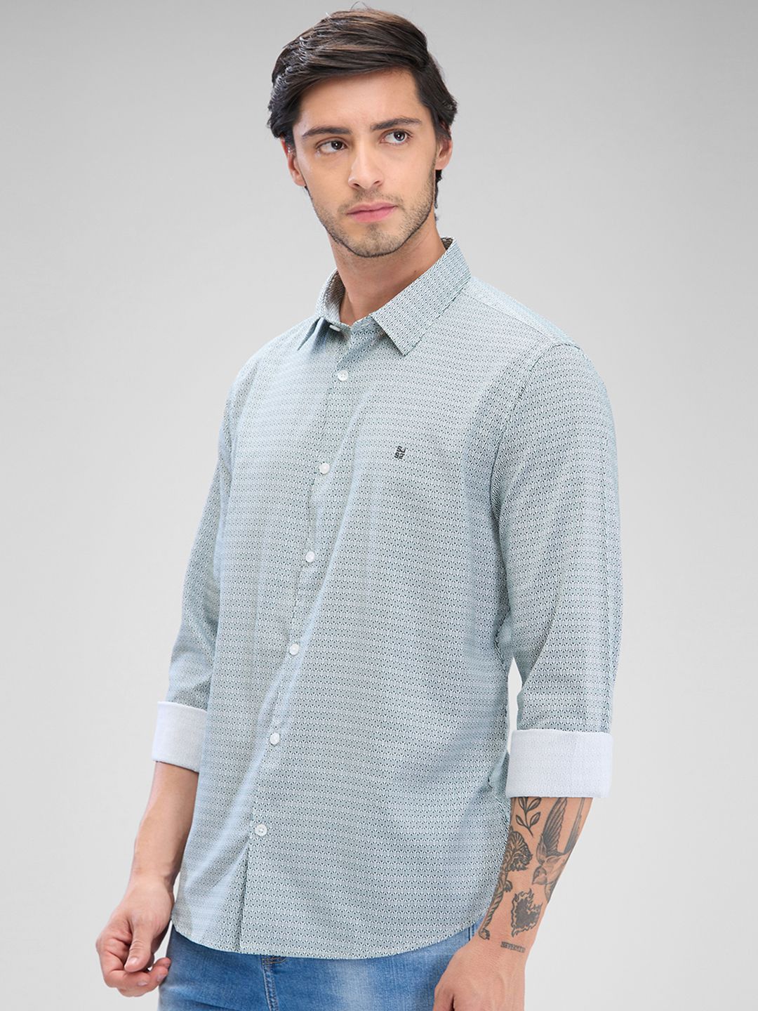 SPYKAR Men Slim Fit Opaque Micro Ditsy Printed Spread Collar Pure Cotton Casual Shirt